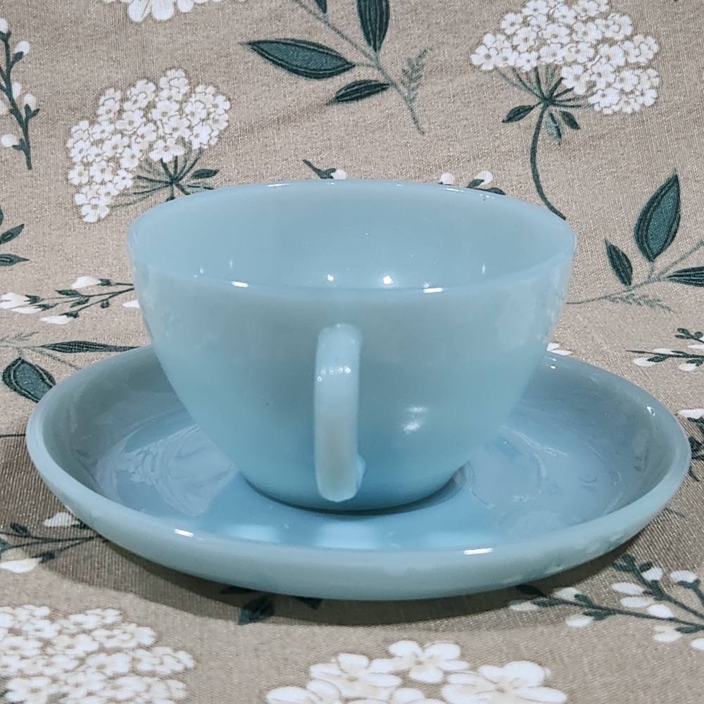 Fire King Blue Delphite Tea Cup and Saucer Set Vintage Anchor Hocking Turquoise - Picture 2 of 11